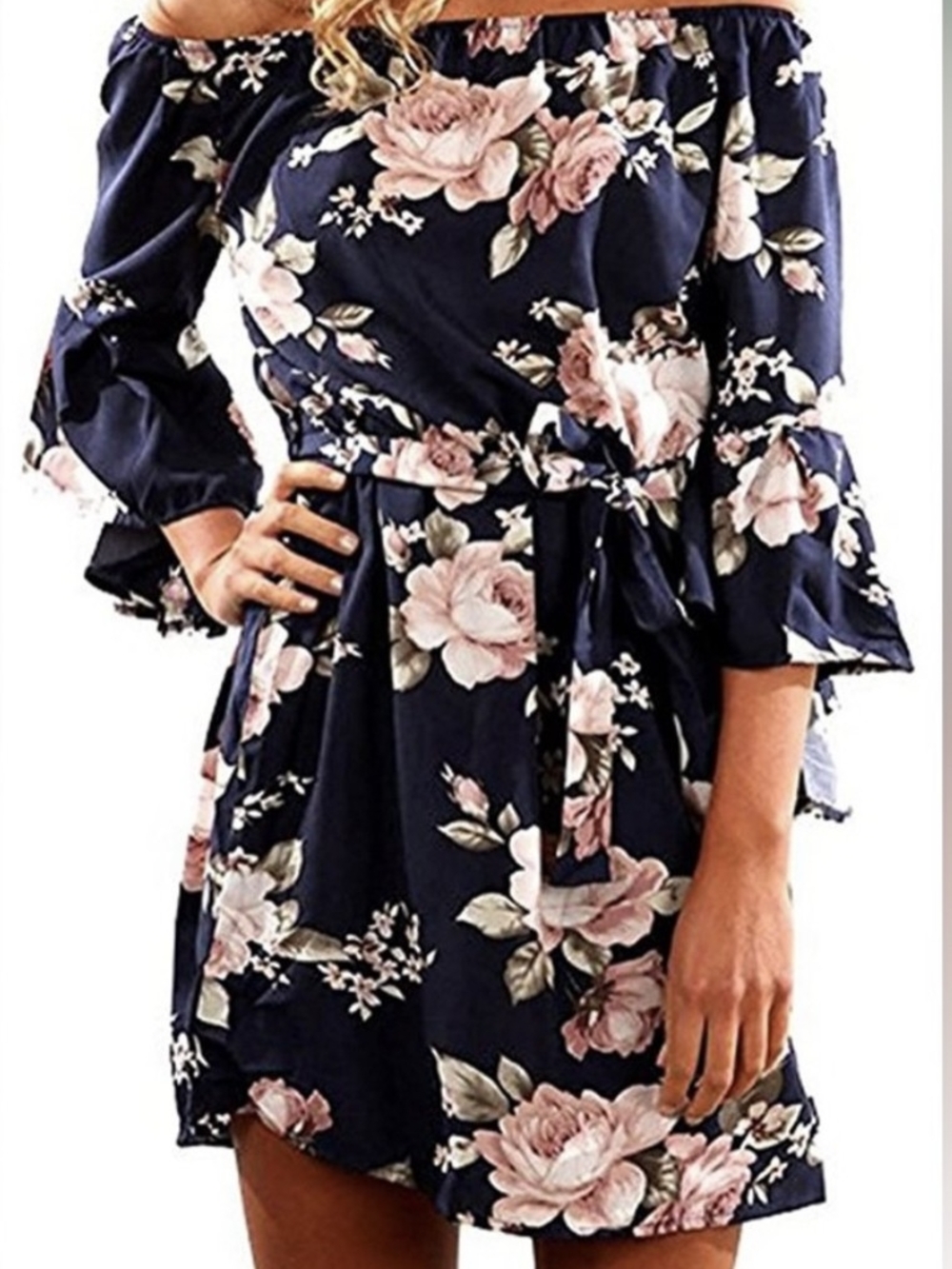 Navy Off-Shoulder Floral Belted Mini Dress - Pink Rose Print